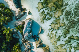 Seychelles, La Digue top down aerial view of tropical beach Anse Source d'Argent. Seychelles, La Digue top down aerial view of tropical beach Anse Source d'Argent.